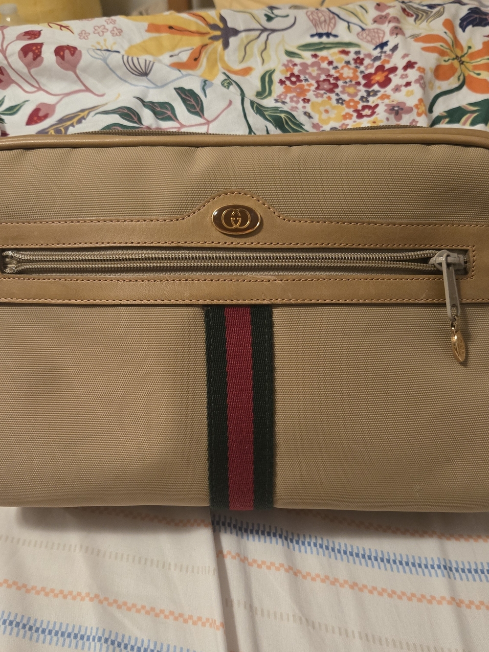 Gucci Beige Canvas & Leather Messenger Bag with Signature Web Stripe